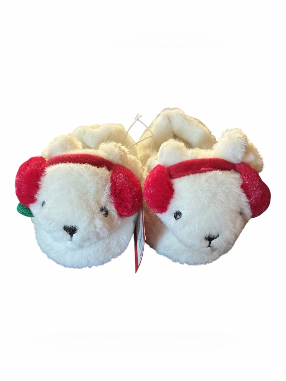 Carter's Cream Plush Bear Slippers with Red Earmuffs- Size 5/6